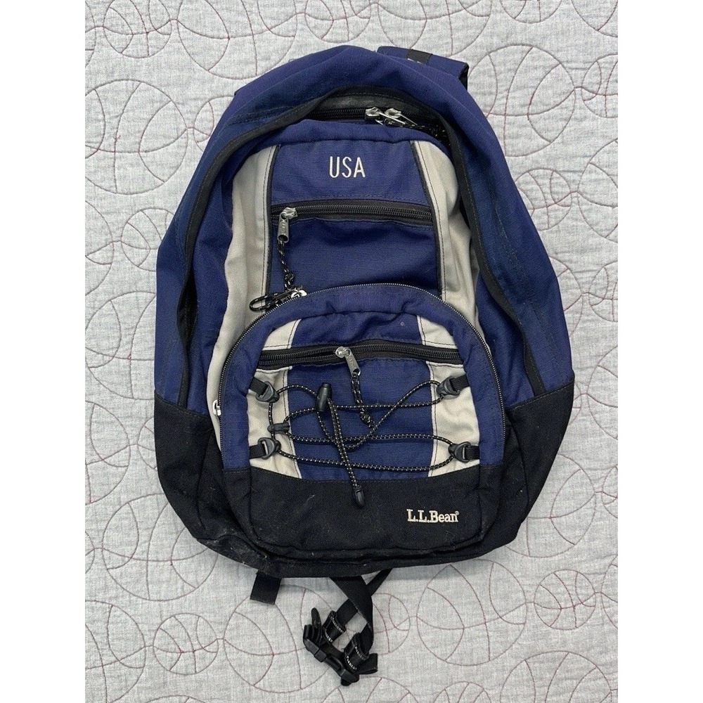 VTG 90s LL Bean USA Blue Black Nylon Bungee Backpack